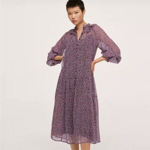 Mango Long Sleeve Floral Midi Dress Red Blue Size L